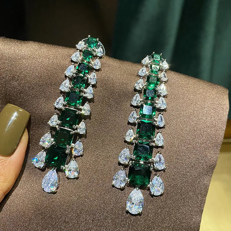 925 Silver Green CZ Tassel Earrings for Women