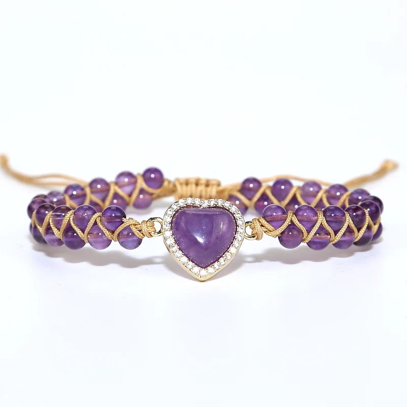 Amethyst Heart Charm Braid Bracelet Adjustable Bangle