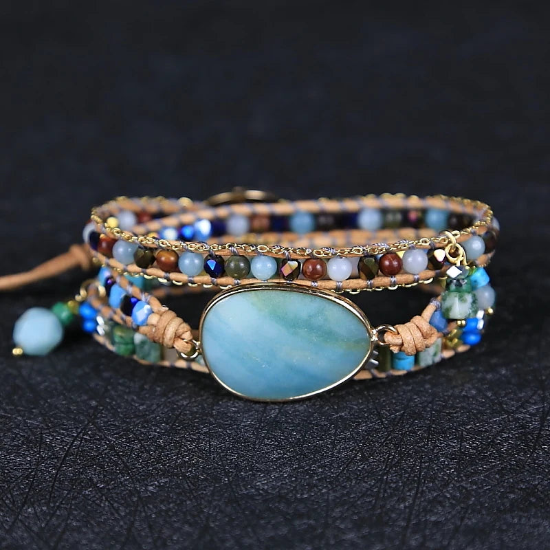 Amazonite Charm Wrap Bracelet Natural Stone Bead Lover Jewelry