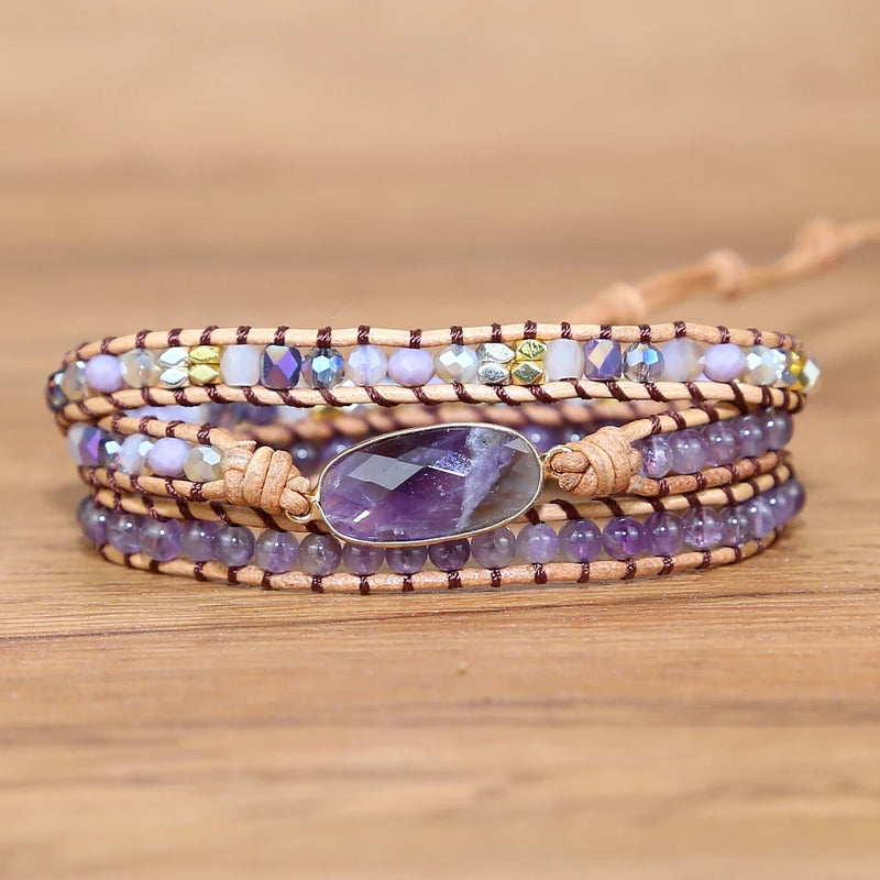 Amethyst Charm Wrap Beaded Bracelet 3 Strands Bohemia Bijoux Jewelry