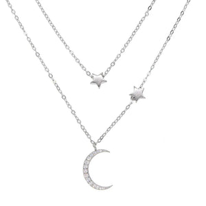 925 Silver Dainty 2 Layered Chain Moon Star CZ Pendant Necklace