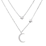 925 Silver Dainty 2 Layered Chain Moon Star CZ Pendant Necklace
