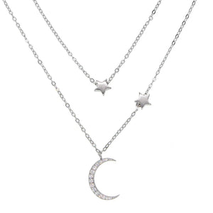 925 Silver Dainty 2 Layered Chain Moon Star CZ Pendant Necklace