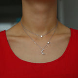 925 Silver Dainty 2 Layered Chain Moon Star CZ Pendant Necklace