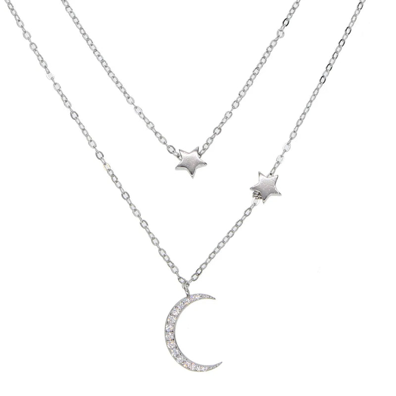 925 Silver Dainty 2 Layered Chain Moon Star CZ Pendant Necklace