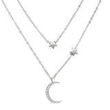 925 Silver Dainty 2 Layered Chain Moon Star CZ Pendant Necklace