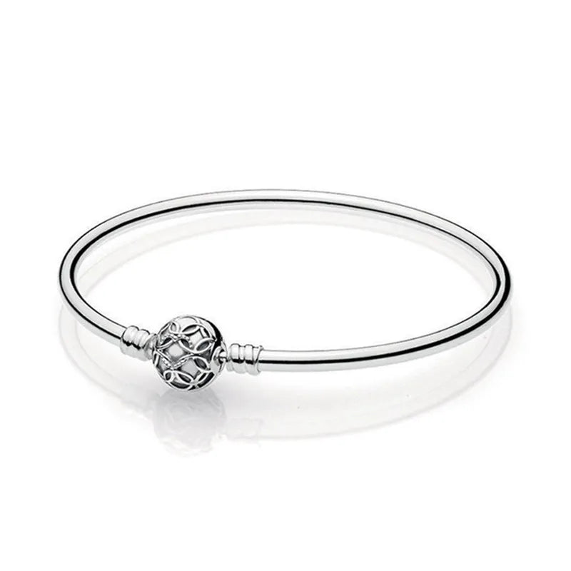 S925 Sterling Silver Bangle Bracelet Sparkling Heart Clasp Women Gift