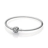 S925 Sterling Silver Bangle Bracelet Sparkling Heart Clasp Women Gift