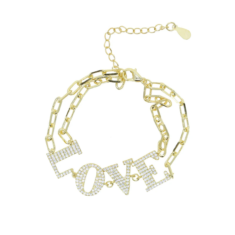 Charm Love Letter Cz Paved Sweet Double Row Chain Bracelet Wedding Jewelry