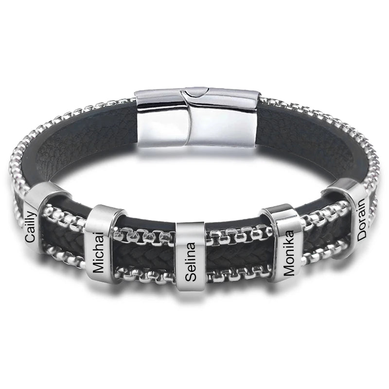 Personalized Family Name Chain Bracelets for Men with Stainless Steel Charms