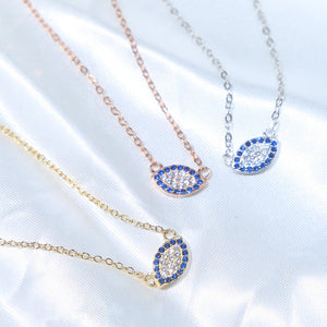 925 Silver CZ Evil Eye Charm Necklace Delicate Chain Eye Choker