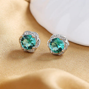 10MM S925 Silver Flower Green Zircon Stud Earrings