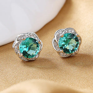 10MM S925 Silver Flower Green Zircon Stud Earrings