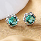 10MM S925 Silver Flower Green Zircon Stud Earrings