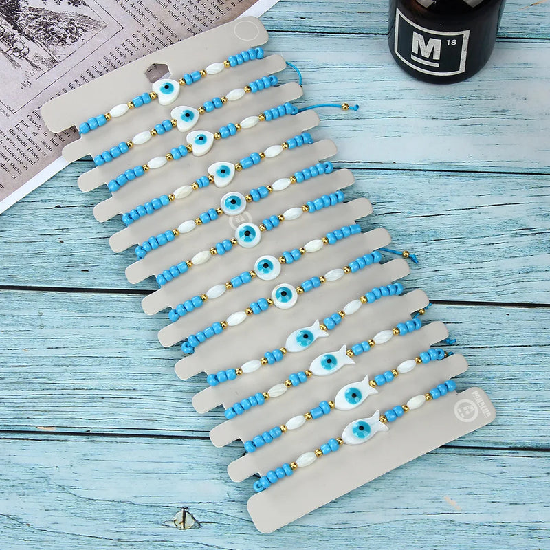 12PCS Devil's Eye Shell Beaded Bracelet Adjustable Hand Rope Jewelry
