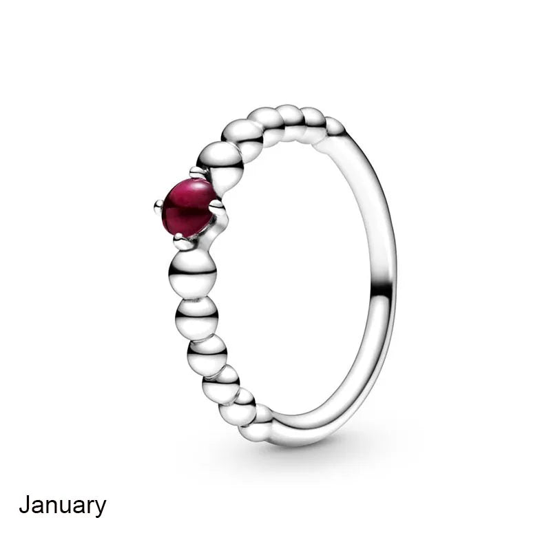 925 Silver Birthstone Beaded Crystal Pandora Ring Women Birthday Gift