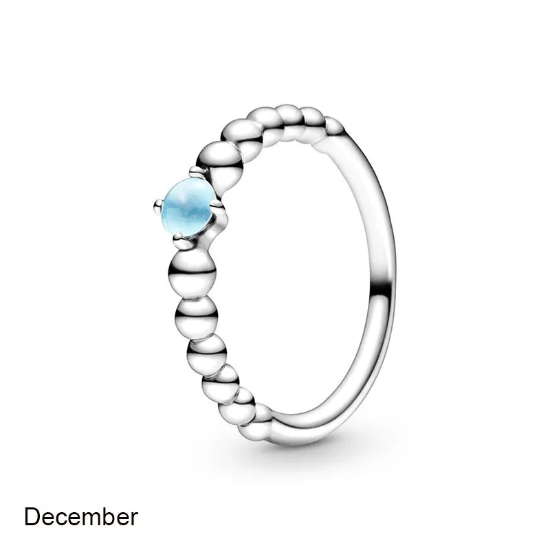 925 Silver Birthstone Beaded Crystal Pandora Ring Women Birthday Gift
