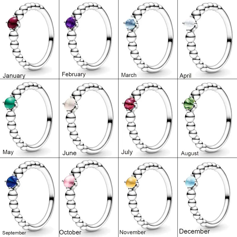 925 Silver Birthstone Beaded Crystal Pandora Ring Women Birthday Gift