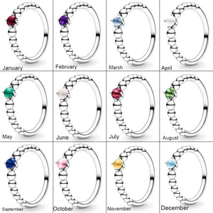 925 Silver Birthstone Beaded Crystal Pandora Ring Women Birthday Gift