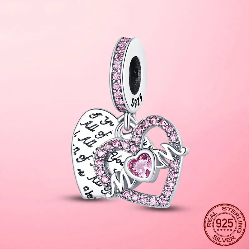 925 Silver Heart & Mum Dangle Charm for Women Bracelet Necklace