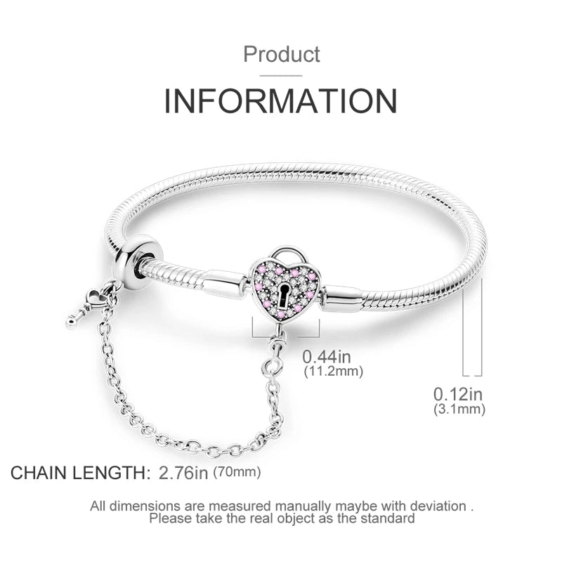 925 Silver Heart Key & Lock Chain Bracelet Romantic DIY Jewelry