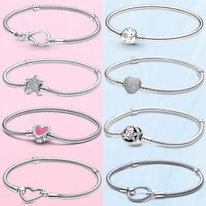 925 Silver Heart Closure Snake Chain Bracelet for European Beads