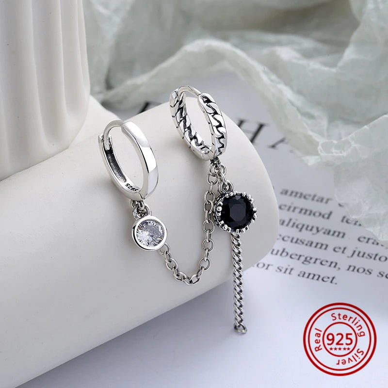 925 Silver Zircon Tassel Single Earring Retro Drop Ear Buckle Gift