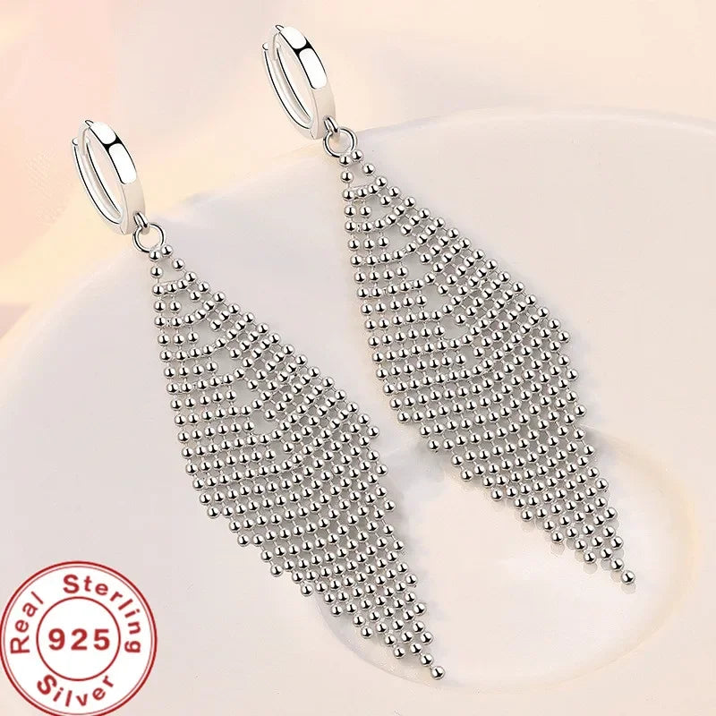 925 Silver Tassel Beads Long Earrings Wedding Jewelry