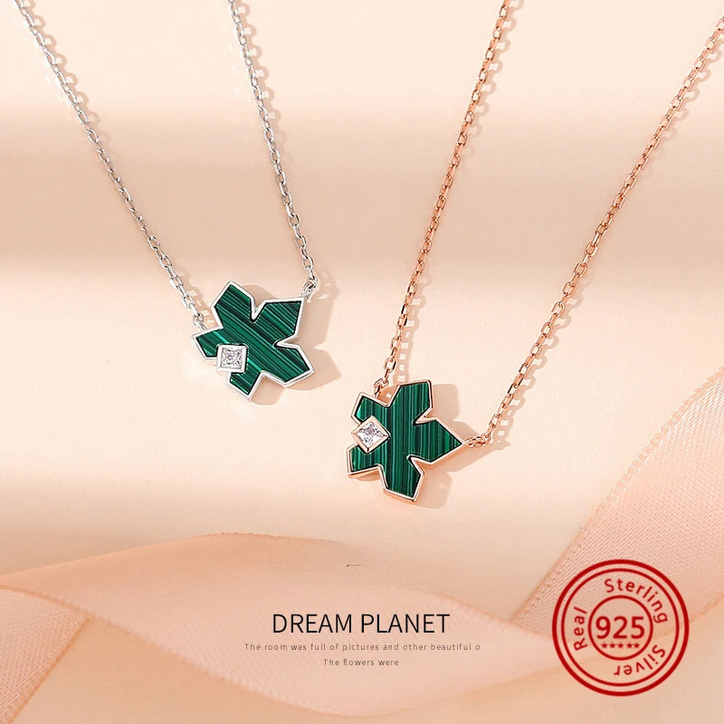 925 Silver Necklace Ivy Leaf Pendant Malachite Collarbone Chain Women Gift