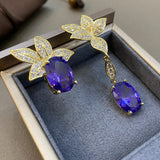 Purple Zircon Asymmetrical Drop Earrings 925 Silver Needle Yellow Leaf Dangling