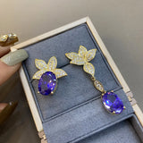 Purple Zircon Asymmetrical Drop Earrings 925 Silver Needle Yellow Leaf Dangling