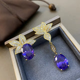 Purple Zircon Asymmetrical Drop Earrings 925 Silver Needle Yellow Leaf Dangling