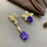 Purple Zircon Asymmetrical Drop Earrings 925 Silver Needle Yellow Leaf Dangling