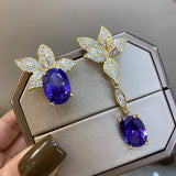 Purple Zircon Asymmetrical Drop Earrings 925 Silver Needle Yellow Leaf Dangling