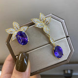 Purple Zircon Asymmetrical Drop Earrings 925 Silver Needle Yellow Leaf Dangling