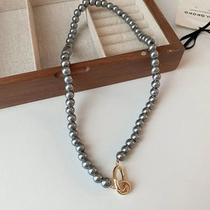 Gray Pearl Clavicle Chain Necklace Metal Round Jewelry
