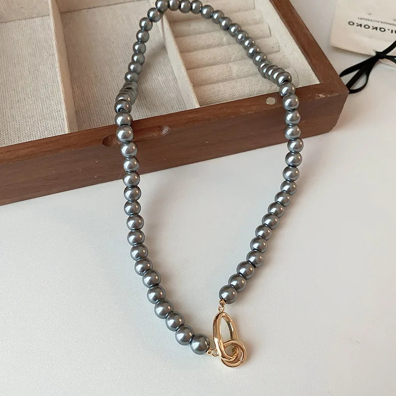 Gray Pearl Clavicle Chain Necklace Metal Round Jewelry