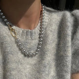 Gray Pearl Clavicle Chain Necklace Metal Round Jewelry