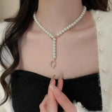 Gray Pearl Clavicle Chain Necklace Metal Round Jewelry