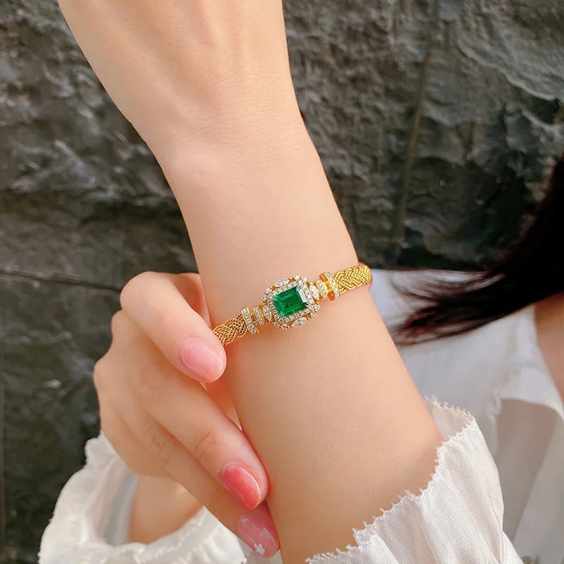 Noble 18K Yellow Cuff Bracelet Square Emerald Vintage Bracelet for Women