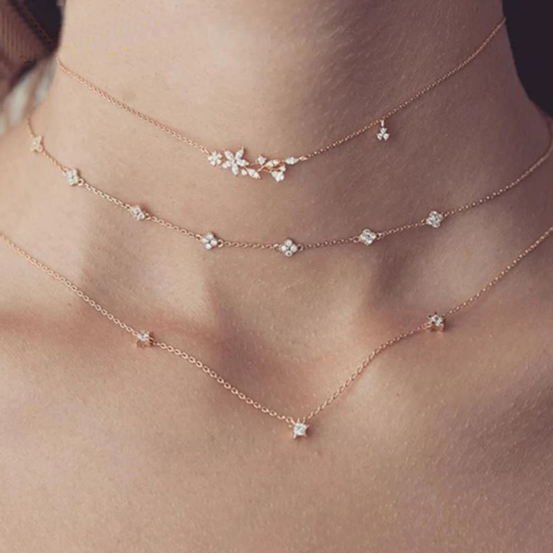 Delicate 4 Star CZ Charm 925 Silver Choker Necklace