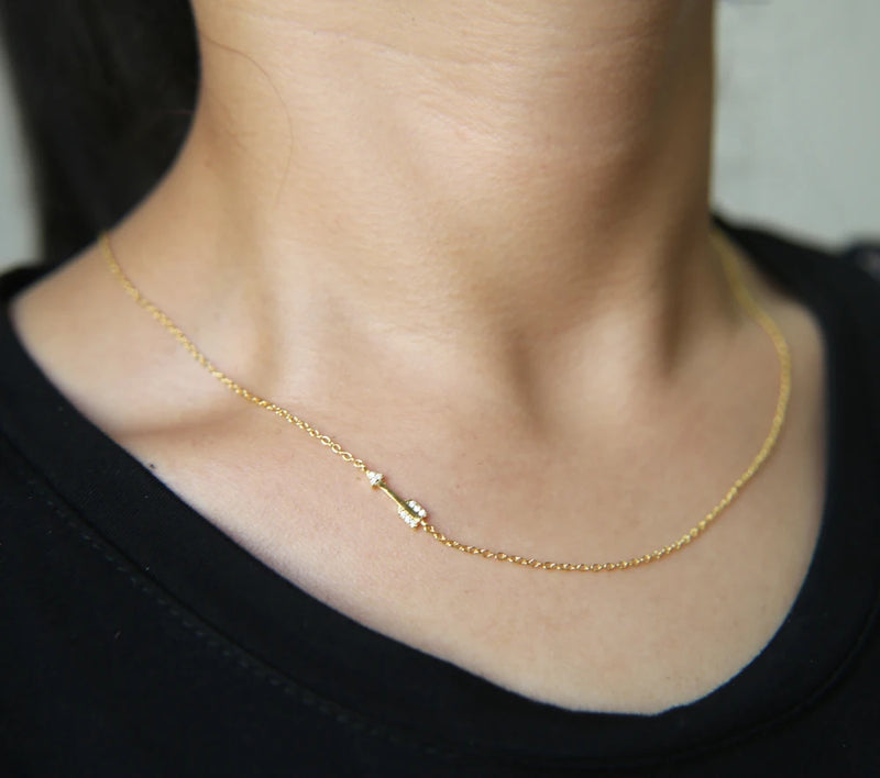 925 Sterling Silver Thin Pave Clear CZ Arrow Sideway Choker Necklace