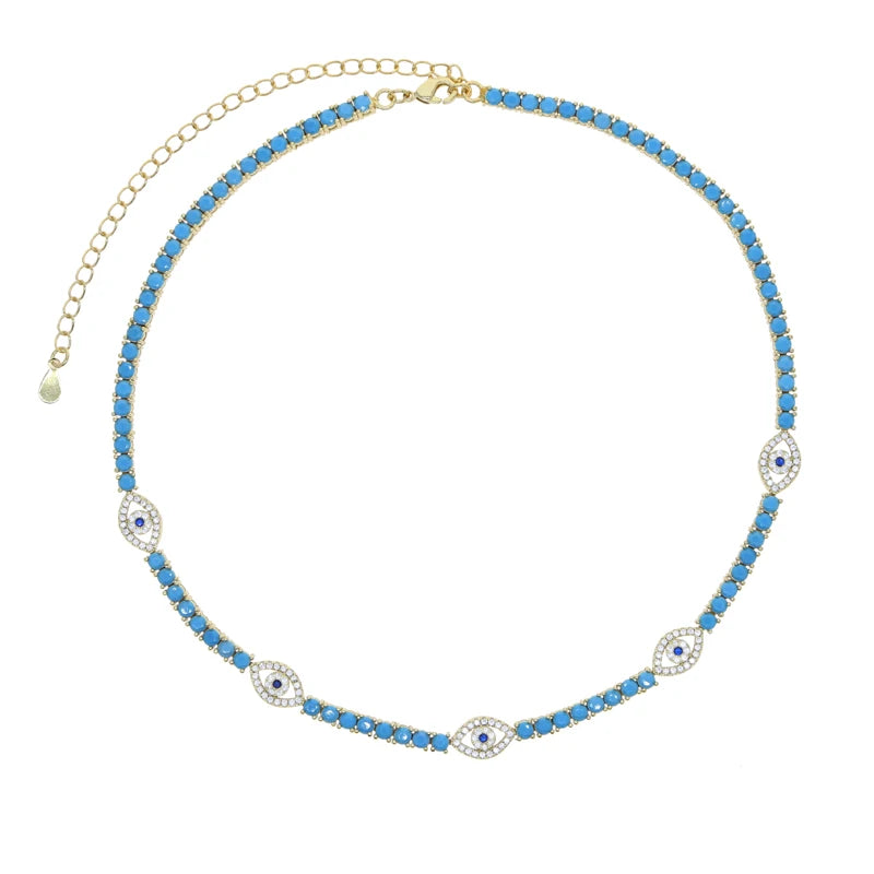 3mm CZ Tennis Chain Turquoises Stone Evil Eye Charm Bracelet Necklace