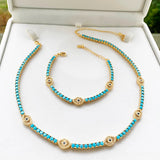 3mm CZ Tennis Chain Turquoises Stone Evil Eye Charm Bracelet Necklace