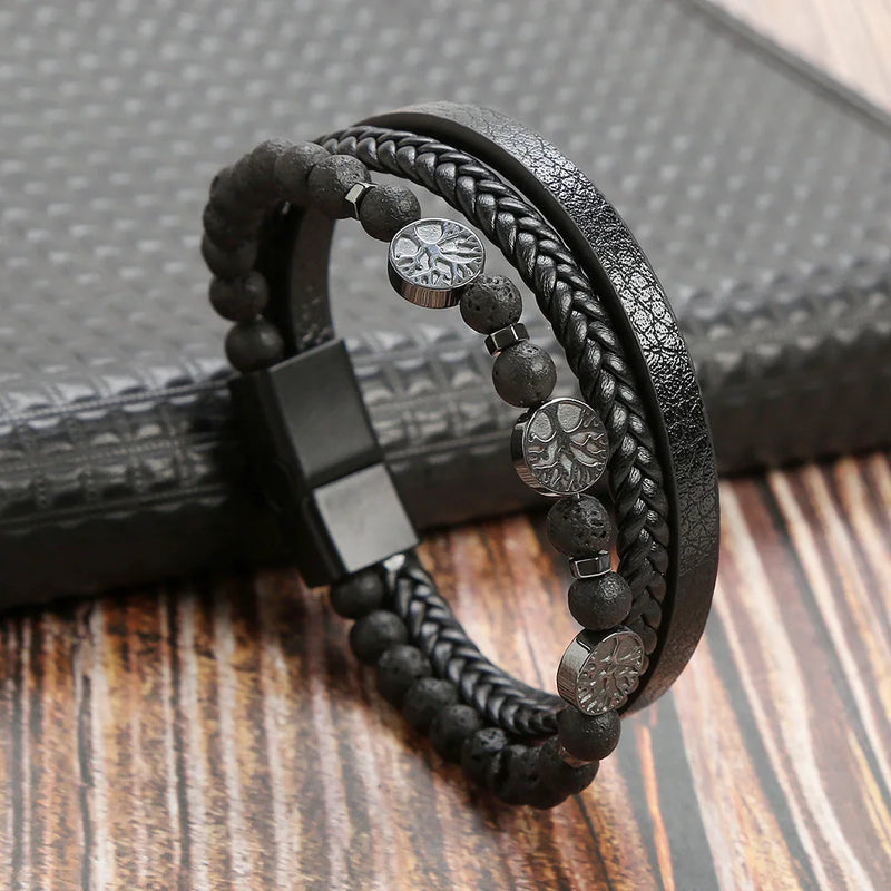 Braided Leather Bracelets For Men Life Tree Multichamber Hand-Woven