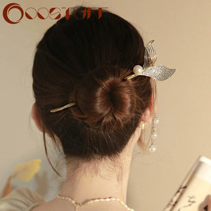 Chinese Beauty Fishtail Tassel Hairpin Retro Rhinestone Antique Jewelry