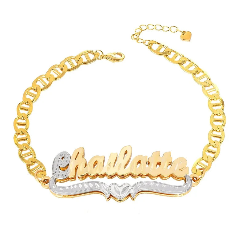 Two Tone 18K Plated Heart Name Bracelet For Women