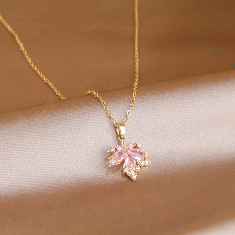 Pink Crystal Maple Leaf Stud Earrings and Jewelry Set
