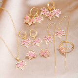 Pink Crystal Maple Leaf Stud Earrings and Jewelry Set