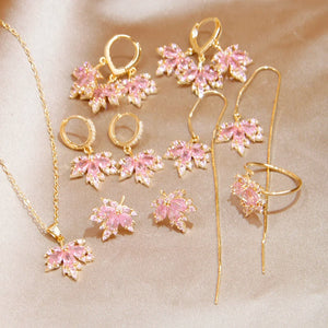Pink Crystal Maple Leaf Stud Earrings and Jewelry Set